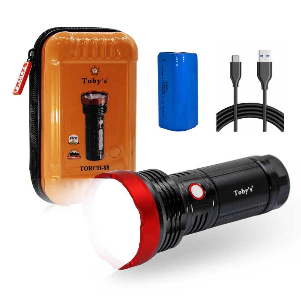 Tobysouq-Torch-88-1.webp Toby's Rechargeable LED Flashlight - 2500 Meters Long Range - SST40 LED 2000 Lumen Bright Powerful Torch Light - High Strength Aluminium Alloy - Long Lasting Battery Life - Image 1